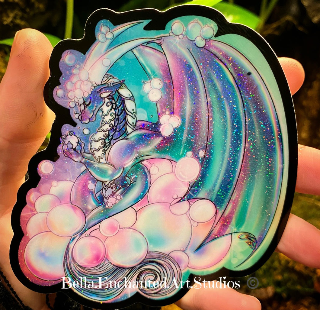 Bubbles Dragon-magical holo Stardust 4” vinyl sticker